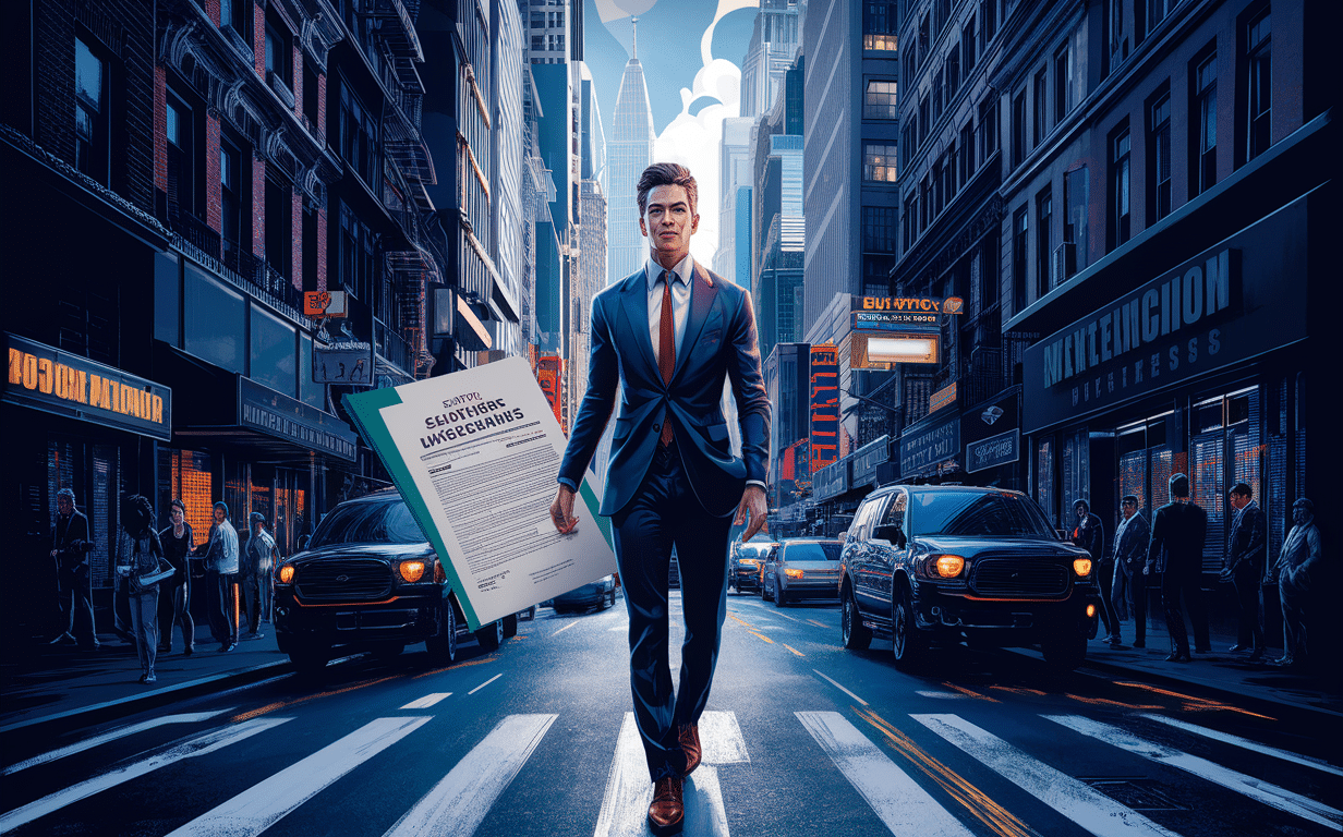 A businessman carrying employment wage and hours documents, walking confidently on a crosswalk in a bustling New York City street with skyscrapers and businesses in the background, representing the challenges of navigating legal and insurance requirements for businesses operating in the city.
