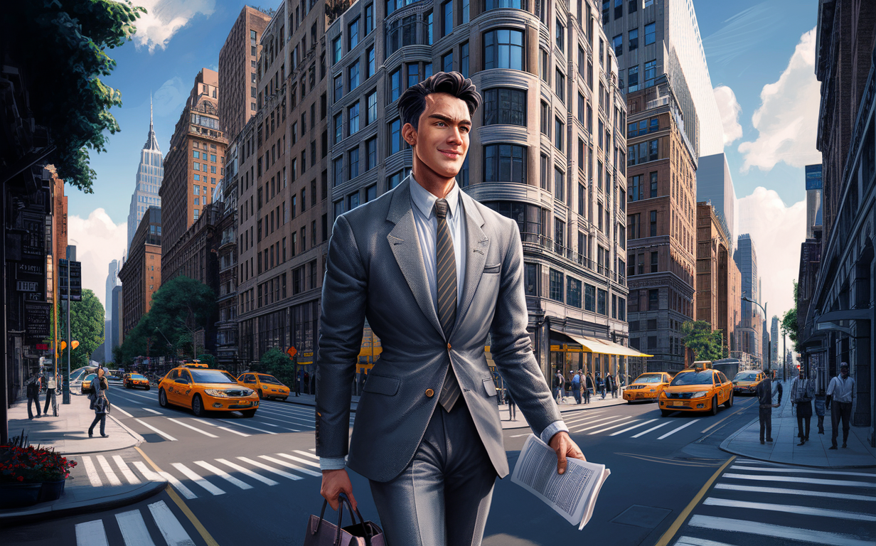 A man in a suit carrying a general liability insurance policy document walking confidently down a crowded city street lined with businesses and traffic, representing the importance of having proper insurance coverage for businesses operating in New York.