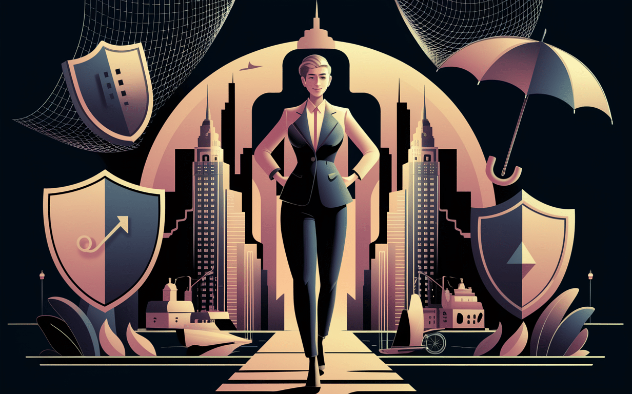 An illustration depicting a confident businesswoman standing amidst a city skyline, surrounded by shields representing protection and an umbrella symbolizing risk management, conveying the importance of comprehensive general liability insurance coverage for businesses.