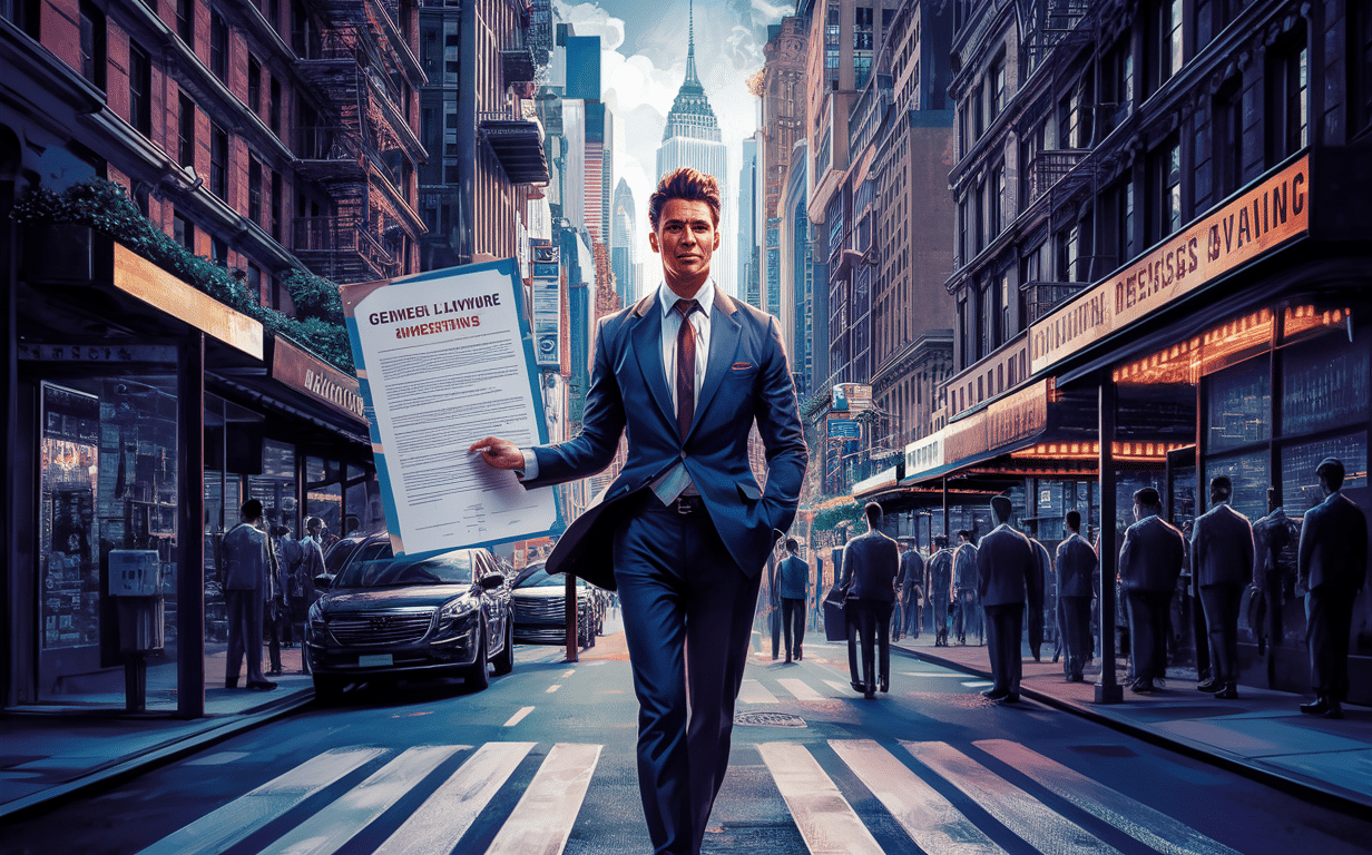 A confident businessman in a suit stands on a New York City street holding a general liability insurance policy, surrounded by other businesspeople walking by high-rise buildings and a city skyline with the Empire State Building in the background.