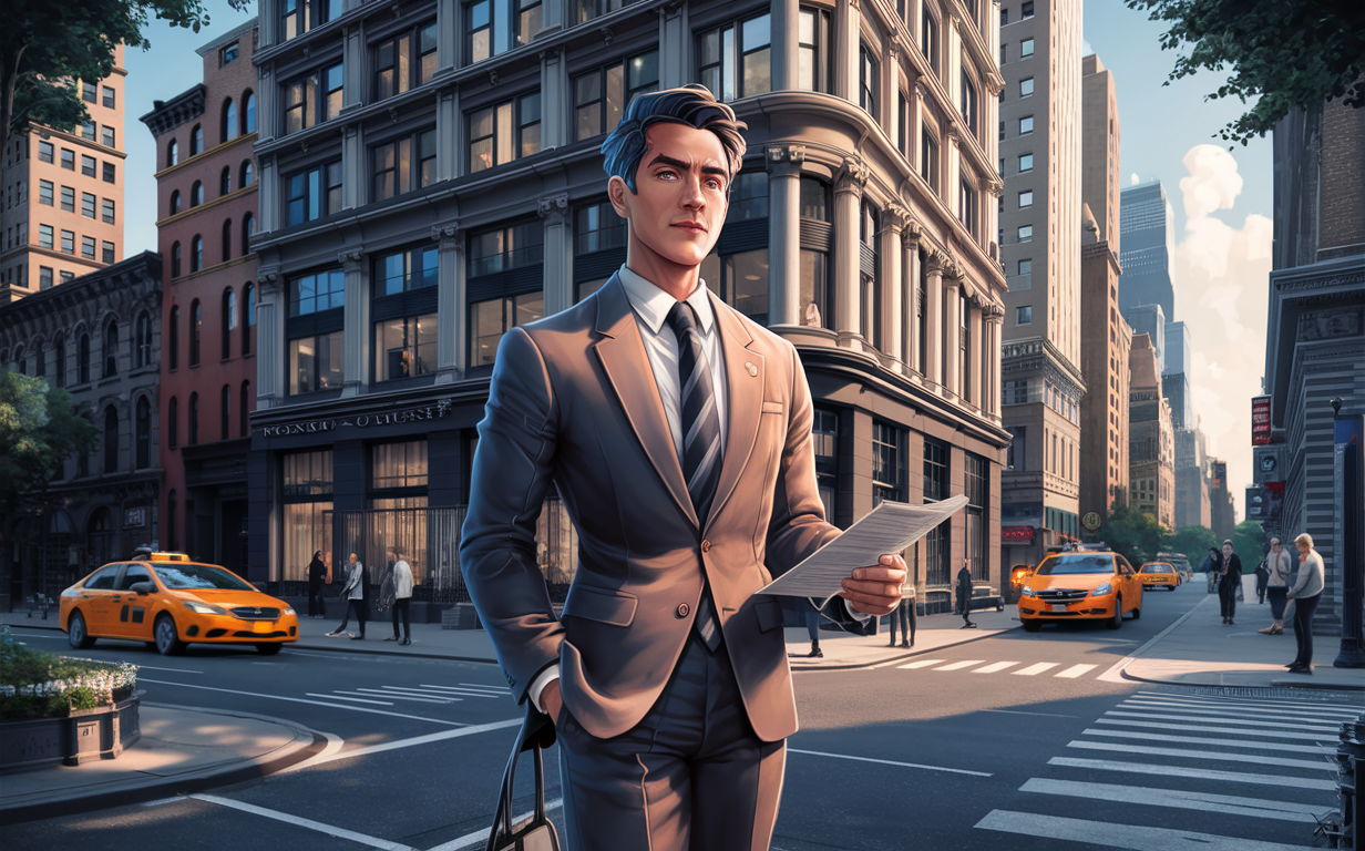 A digital illustration of a well-dressed businessman walking confidently on a crosswalk in front of classic New York City buildings, with yellow taxis and pedestrians in the background.