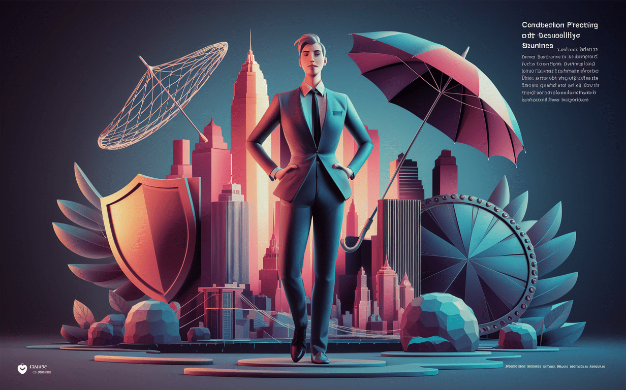 An illustration depicting a professional woman standing confidently in a city skyline, surrounded by shields representing security, protection, and risk management.