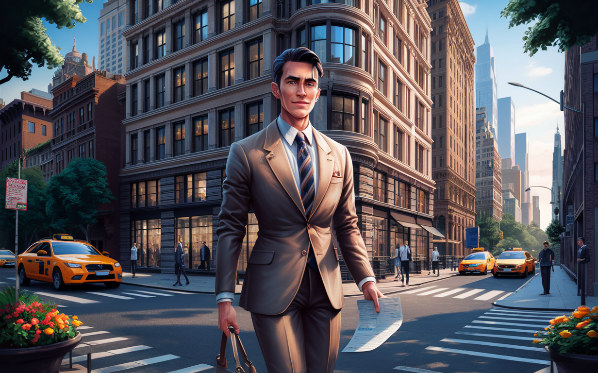 A smartly dressed young man carrying a briefcase walks down a street in New York City's financial district, surrounded by taxis, pedestrians, and historic office buildings.