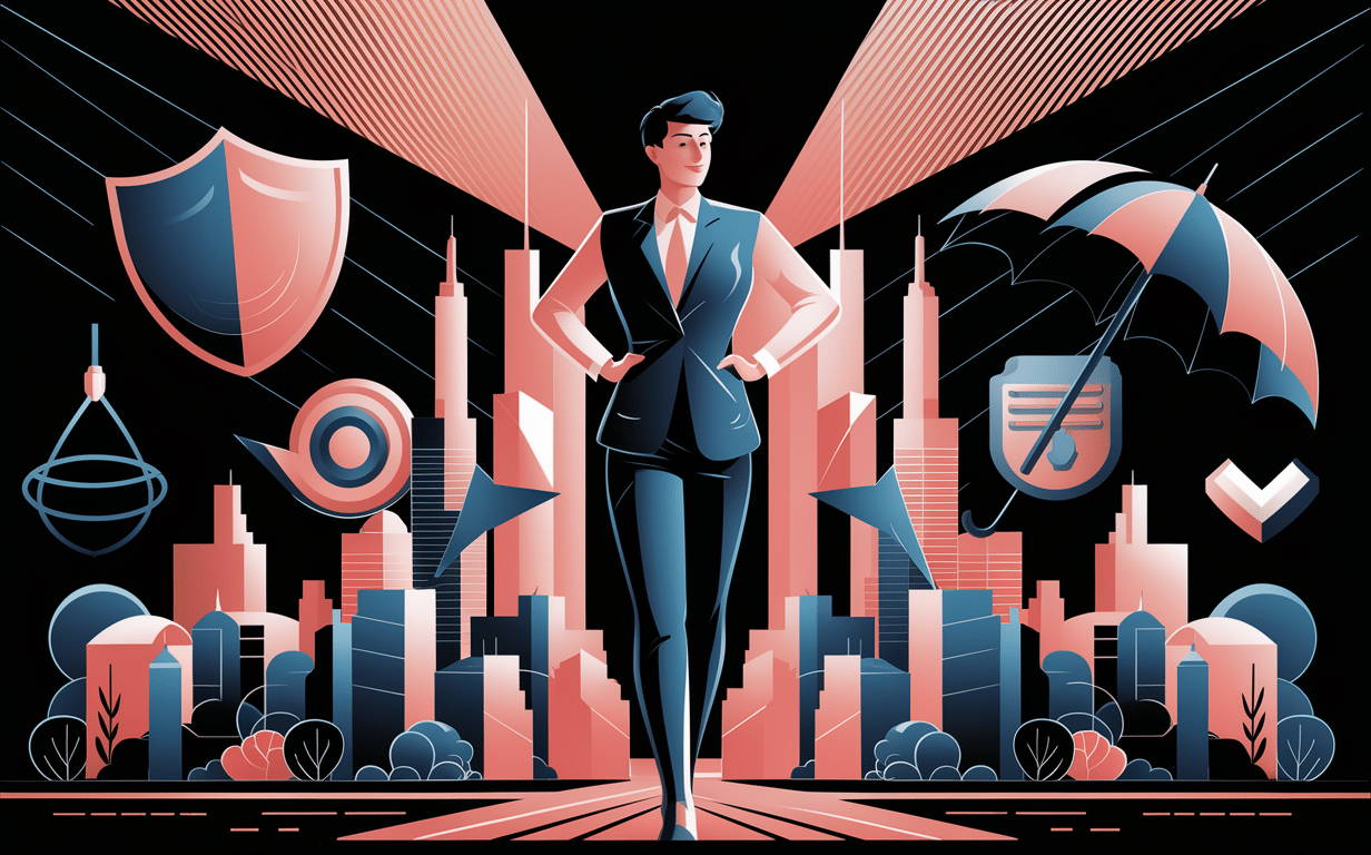 An illustration depicting a confident businessman standing in a city street surrounded by icons and text related to general liability insurance coverage for businesses in New York.