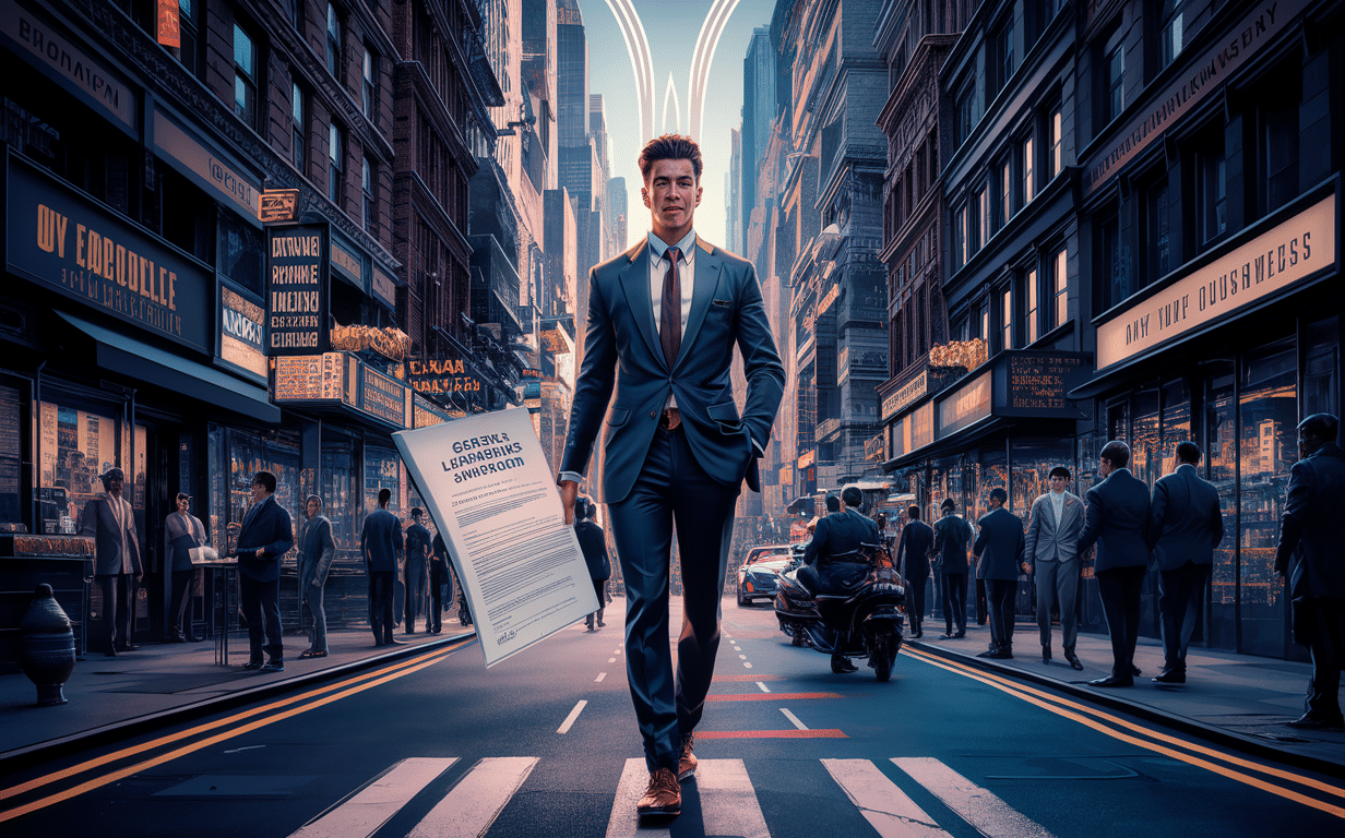 An image depicting a confident businessman walking down a street in a financial district, holding a document titled 'Gedauen, Lowrie, Maywhies, Llewuire' while surrounded by tall office buildings and other businesspeople.