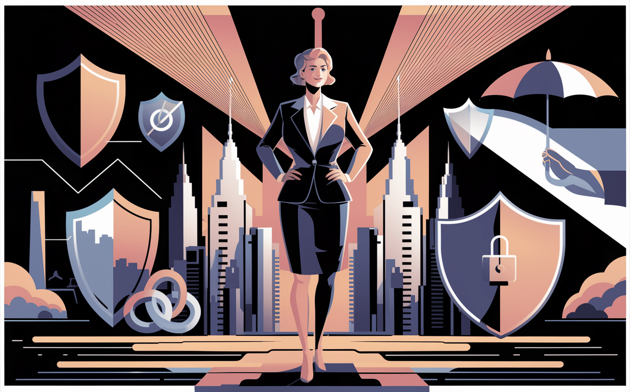 An illustration depicting a professional figure representing insurance protection for businesses, standing confidently with an umbrella and shield amidst a cityscape with abstract symbols of security and risk management.