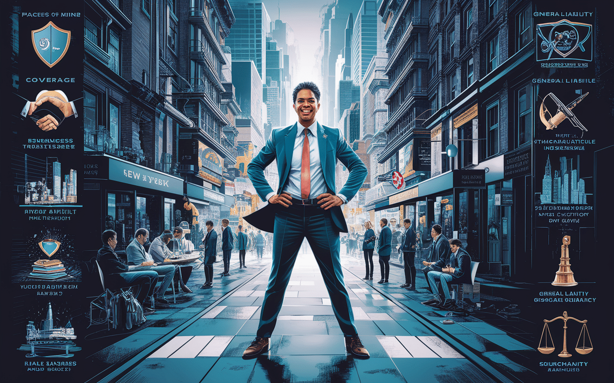 An illustration depicting a confident businessman standing amidst a cityscape, surrounded by symbols representing protection, compliance, and risk management, suggesting the importance of having general liability insurance for businesses.